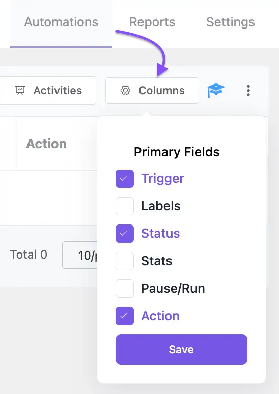 column visibility toggle in automation funnel table